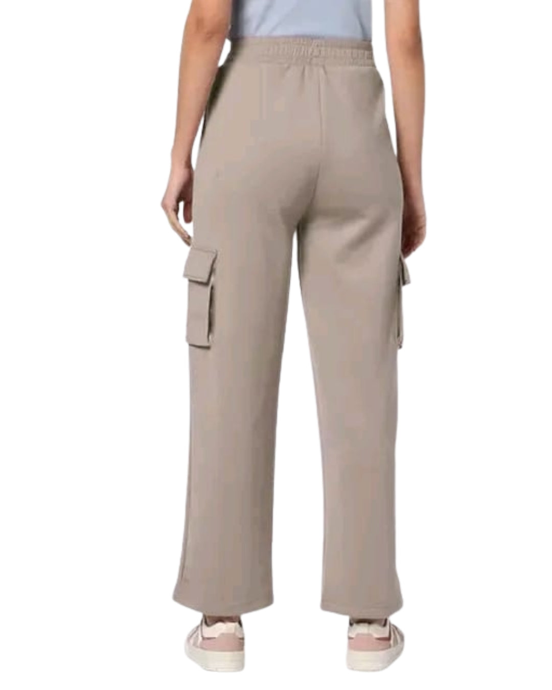 Beige cargo pants worn by a person on a white background